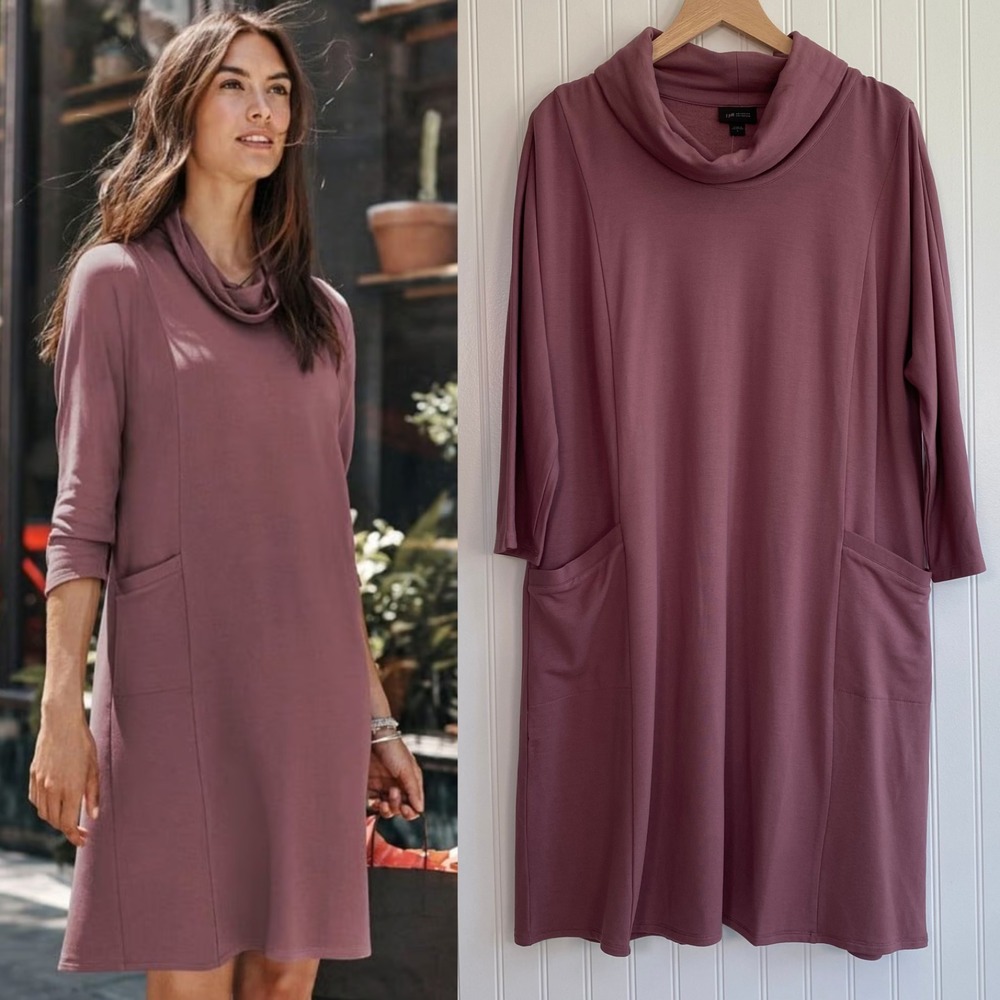 NEW J Jill Wearever Collection Womens Cowl Neck Dress Size L Plum Pockets Modest